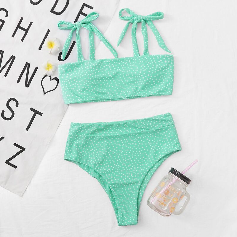 

Polka Dot Tie Shoulder Bikini Swimsuit, Green bright