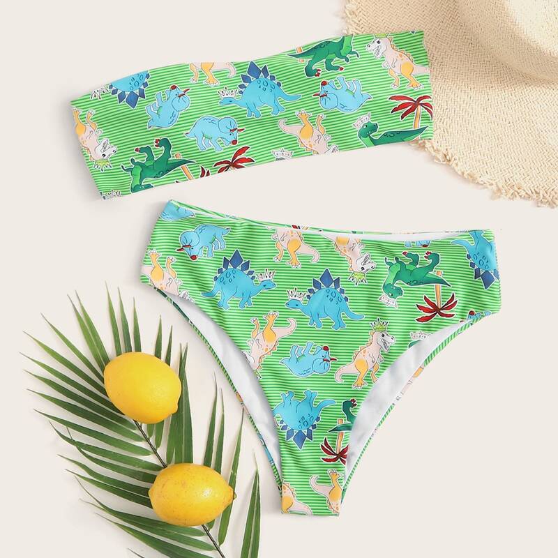 

Dinosaur & Striped Print Bandeau Bikini Swimsuit, Green