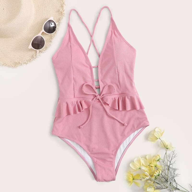 

Rib Ruffle Plunging One Piece Swimsuit, Baby pink