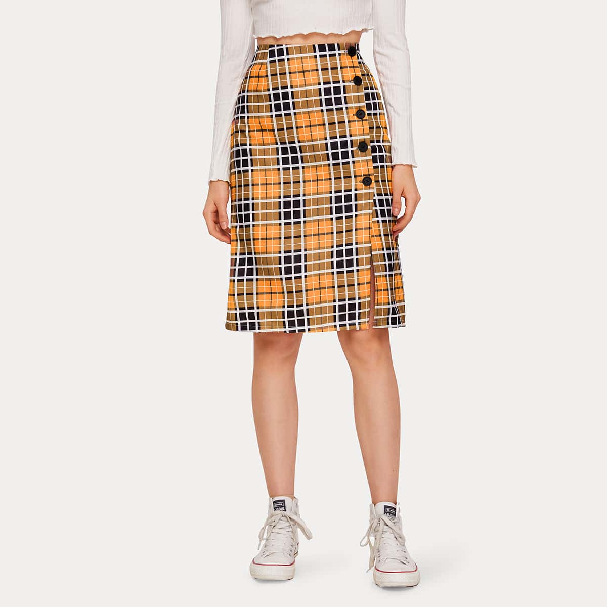 

Plaid Button Side Skirt, Multicolor