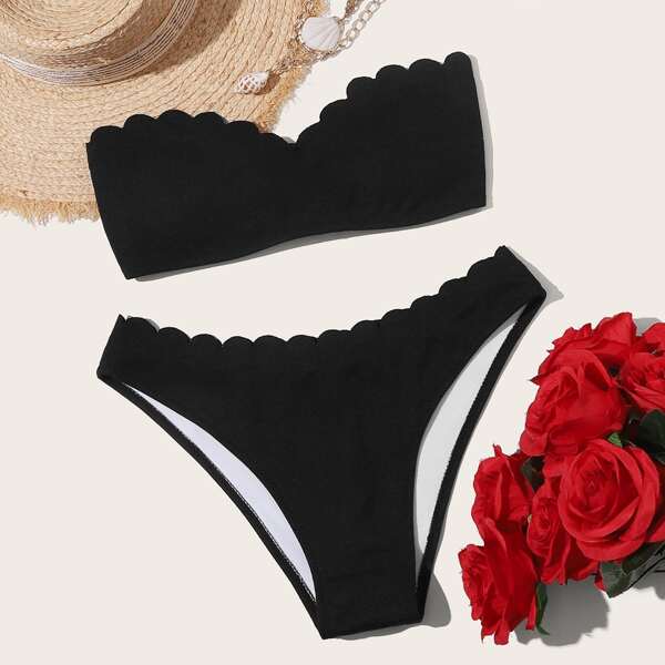 

Textured Scallop Trim Bandeau Bikini Swimsuit, Black