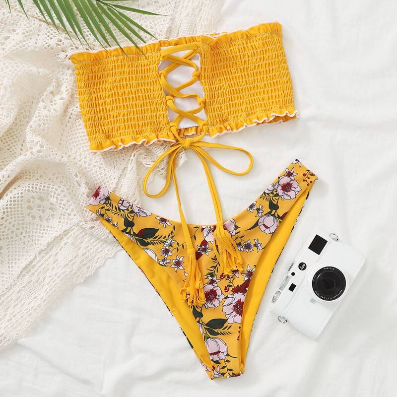 

Floral Smocked Bandeau High Cut Bikini Swimsuit, Yellow