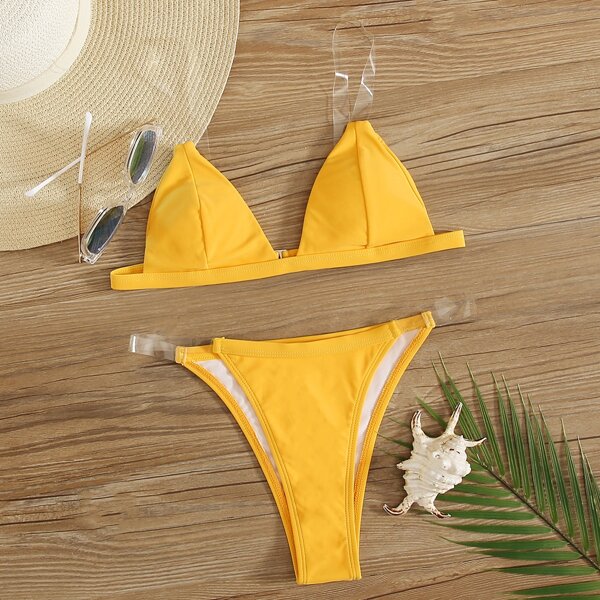 

Clear Strap Triangle Tanga Bikini Swimsuit, Yellow