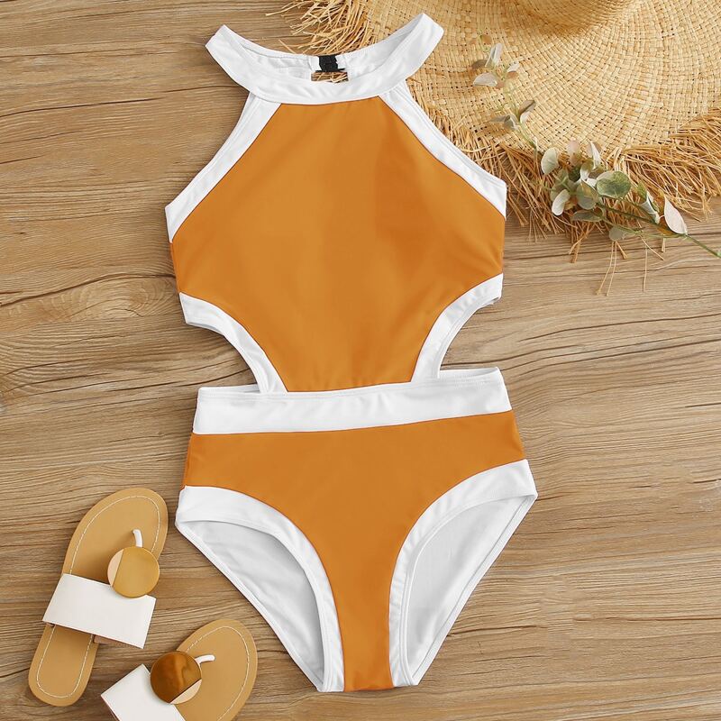 

Contrast Binding Cut-out Waist One Piece Swimsuit, Yellow