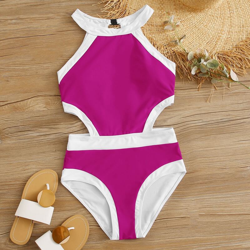 

Contrast Binding Cut-out Waist One Piece Swimsuit, Pink