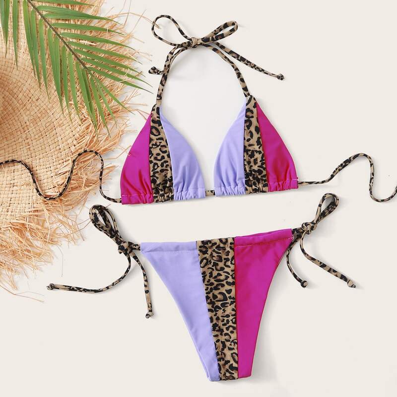 

Leopard Triangle Tie Side Bikini Swimsuit, Multicolor
