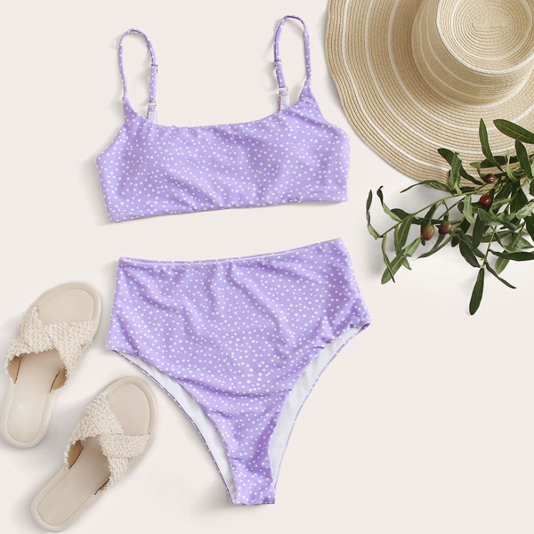 

Polka Dot High Waisted Bikini Swimsuit, Lilac purple