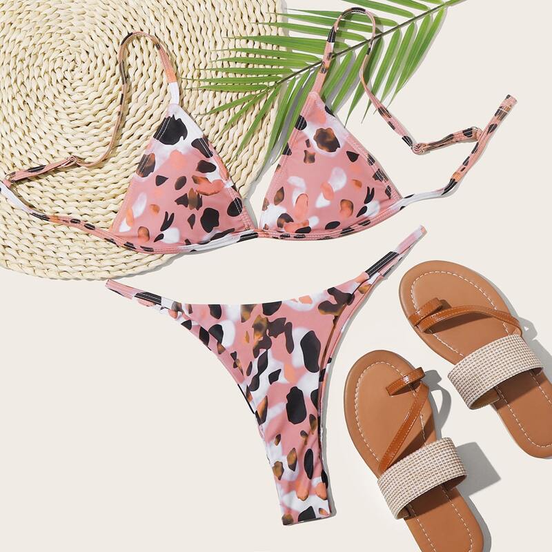 

Leopard Triangle Tanga Bikini Swimsuit, Pink