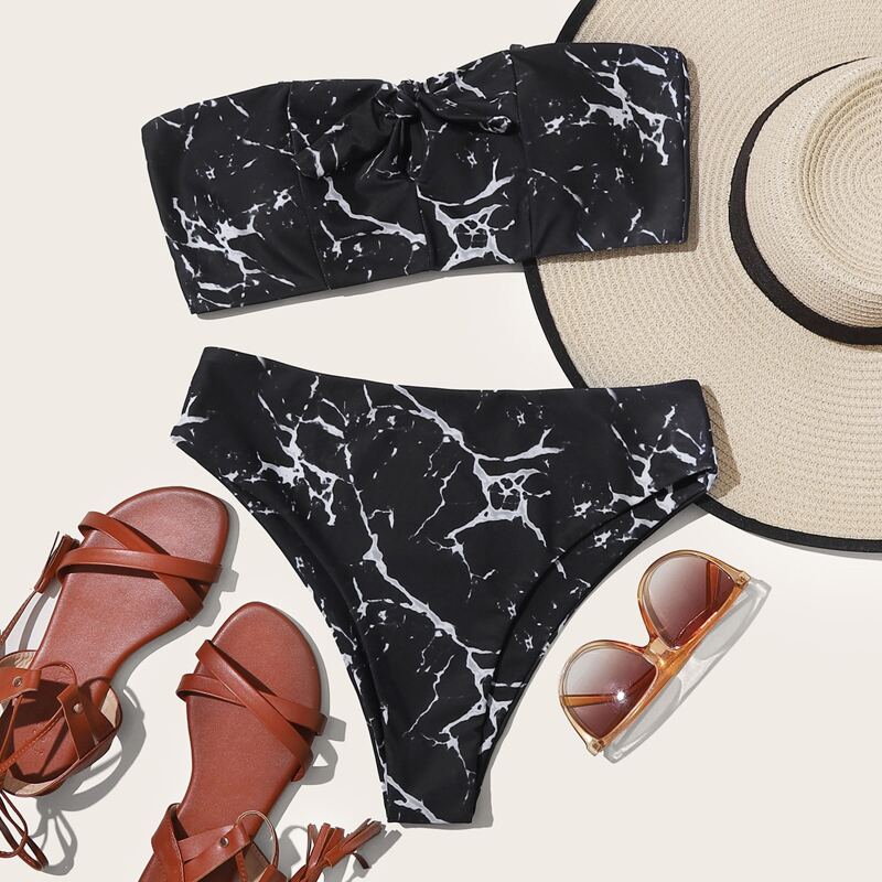 

Marble Print Knot Front Bandeau Bikini Swimsuit, Black
