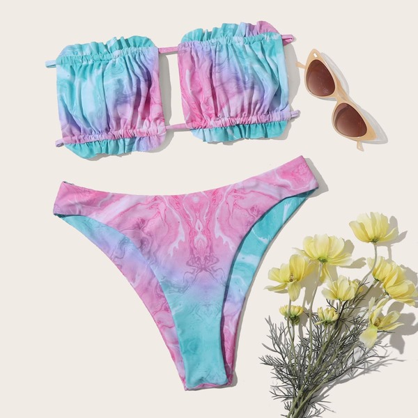 

Marble Print Ruched Frill Bandeau Bikini Swimsuit, Pink