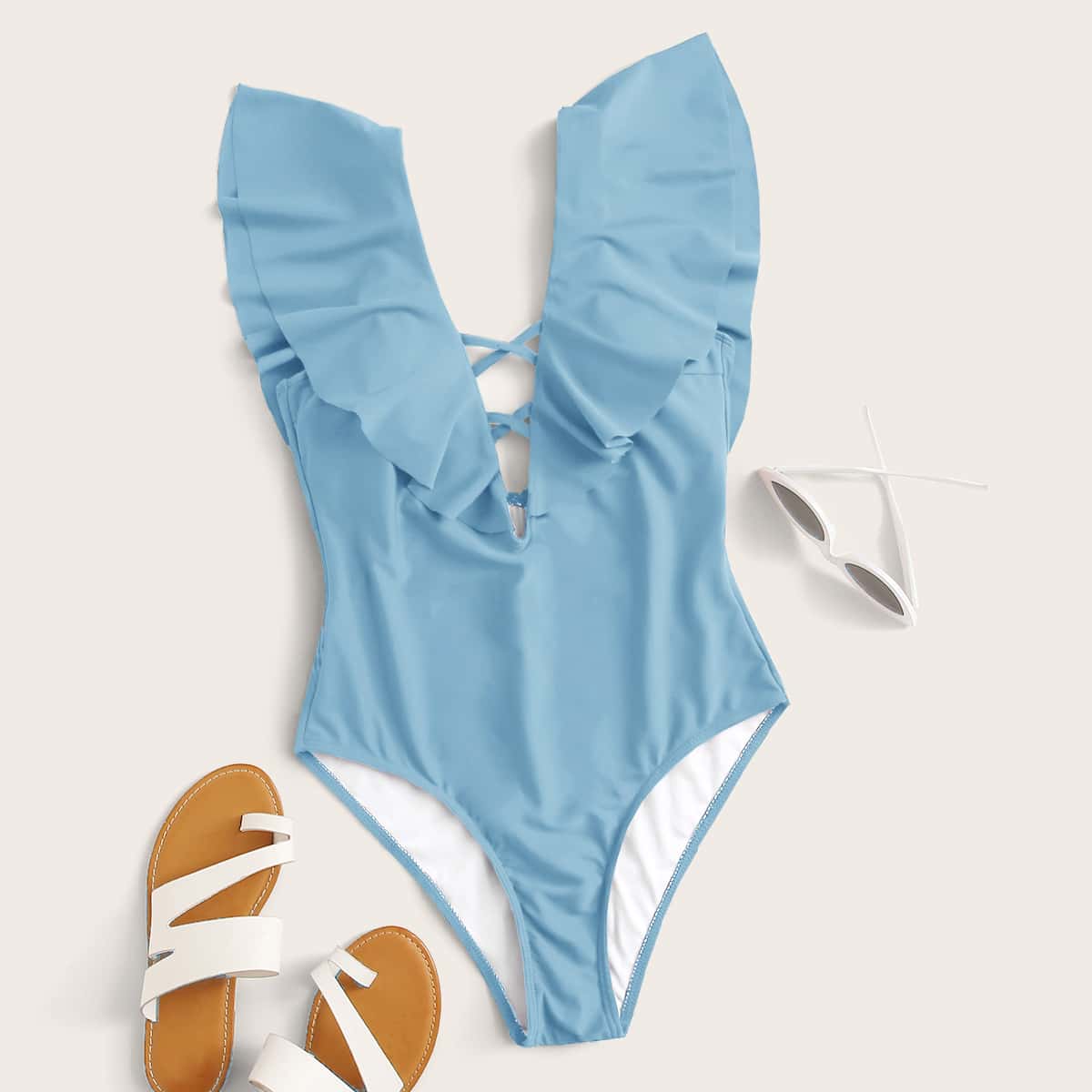 

Ruffle Trim One Piece Swimsuit, Blue