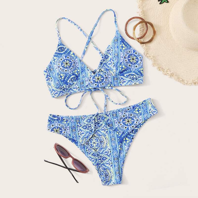 

Tribal Criss Cross Tie Back Bikini Swimsuit, Blue