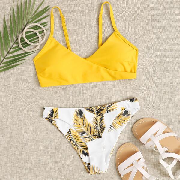 

Palm Print Adjustable Strap Bikini Swimsuit, Multicolor