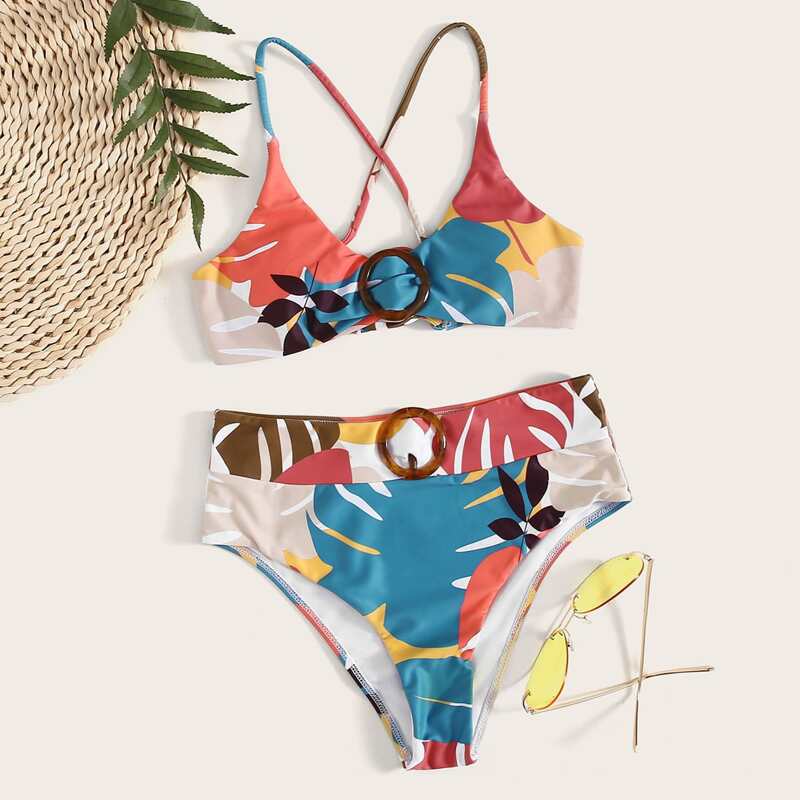 

Tropical Ring Buckle Bikini Swimsuit, Multicolor