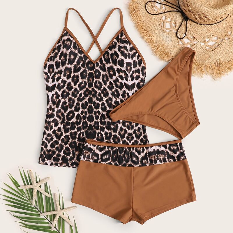

3pack Leopard Shorts Co-ord Bikini Swimsuit, Brown