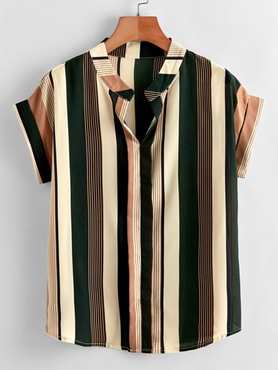 Multi-Color Striped Notched Neck Rolled Cuff Blouse
