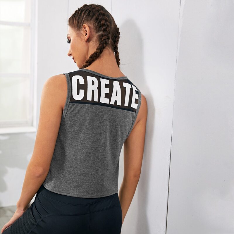 

Letter Graphic Mesh Panel Sports Tank Top, Grey