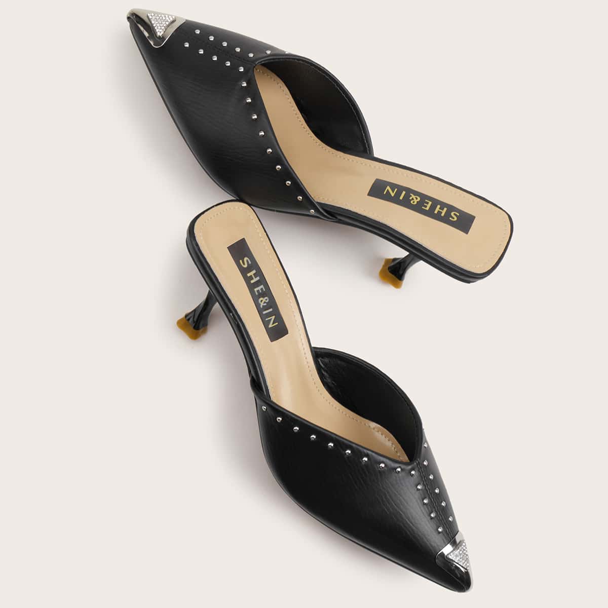 

Studded Decor Point Toe Stiletto Heeled Mules, Black