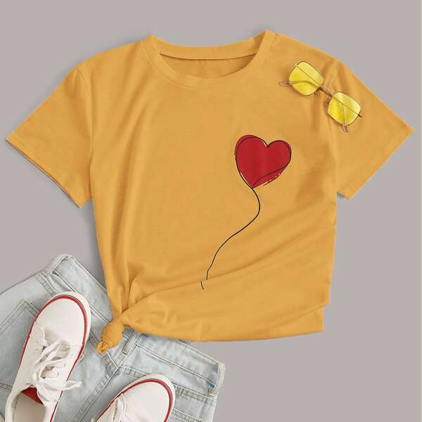 

Heart Print Short Sleeve Tee, Yellow