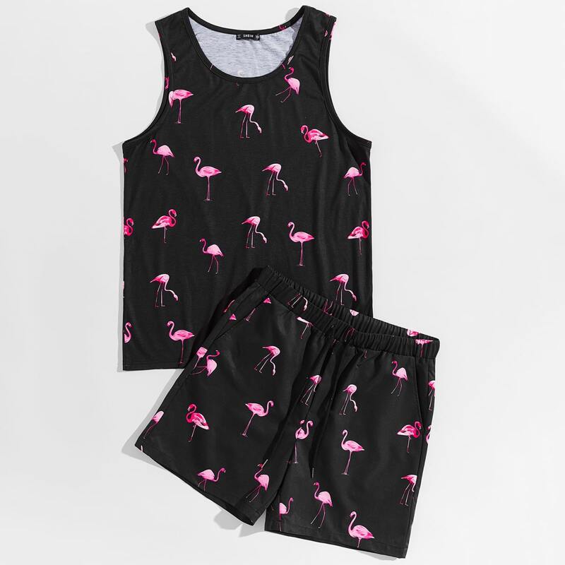 

Guys Flamingo Print Tank Top & Drawstring Shorts Set, Black