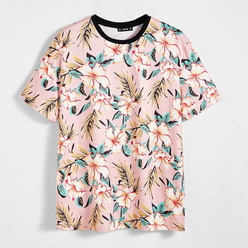 

Guys Contrast Neck Tropical Print Tee, Pink