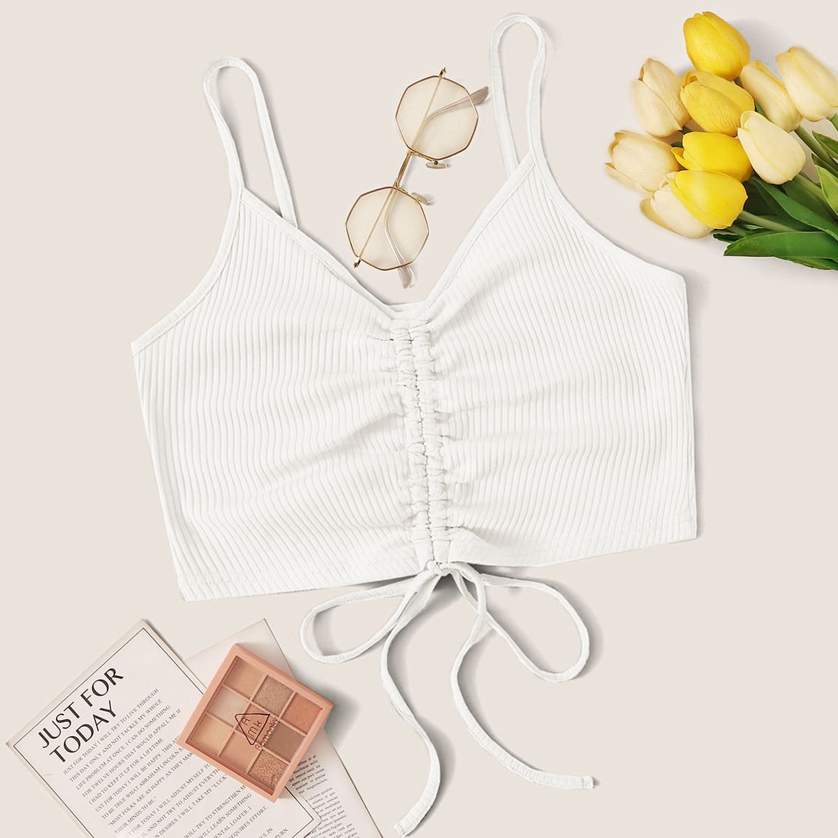 

Ribbed Drawstring Crop Cami, White