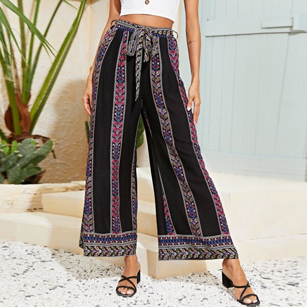 

Self Belted Tribal Print Wide Leg Pants, Black