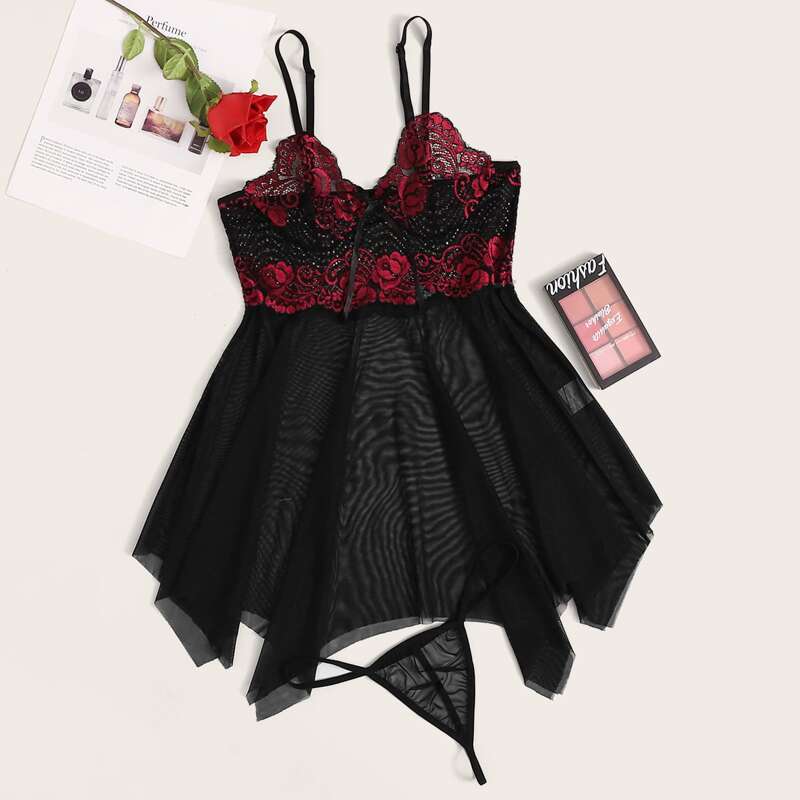 

Contrast Lace Mesh Slips With Thong, Black