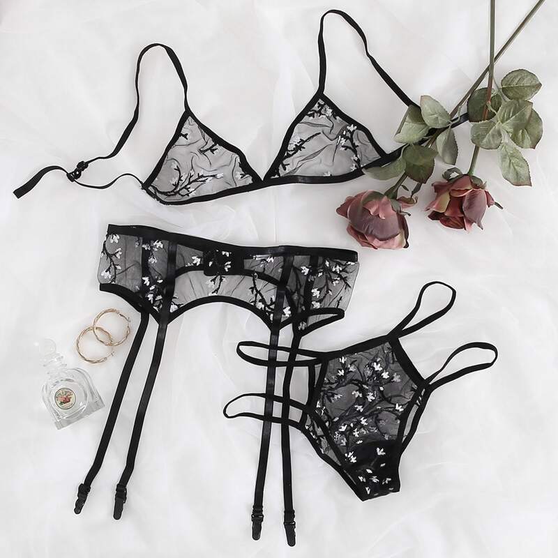 

Embroidered Mesh Garter Lingerie Set, Black