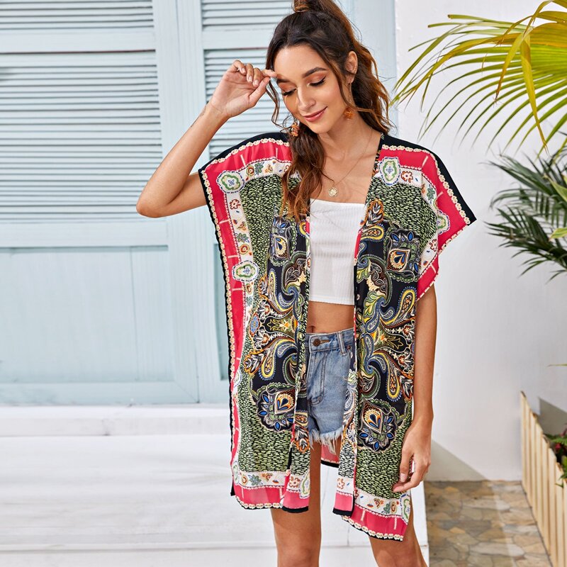 

Open Front Split Side Scarf Print Kimono, Multicolor