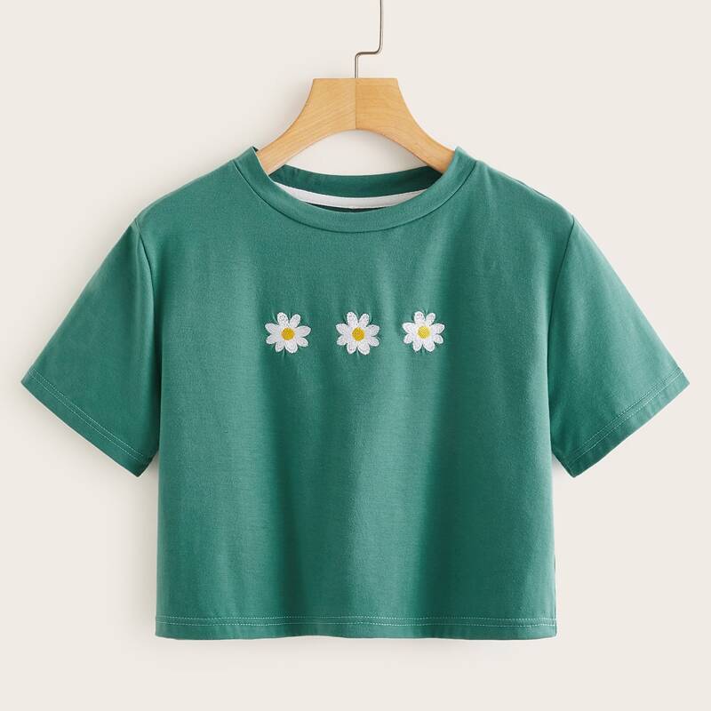 

Daisy Floral Embroidery Crop Top, Green