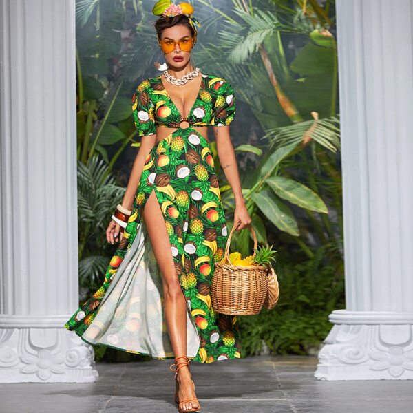 

Fruit And Tropical Print O-Ring Linked Peekaboo Split Dress, Multicolor