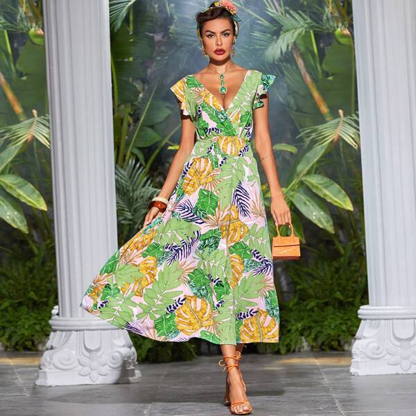 

Tropical Print Ruffle Trim Tie Back Dress, Multicolor
