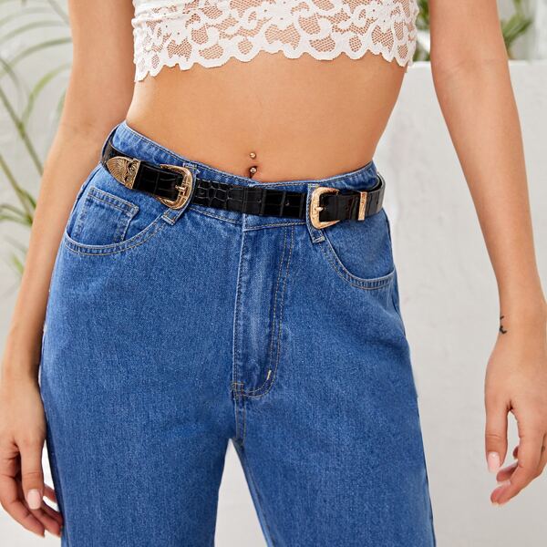 

Croc Pattern Double Buckle Belt, Black