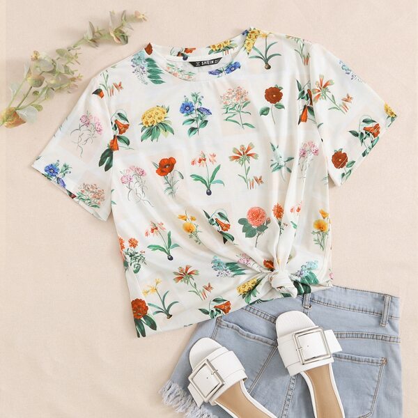 

Botanical Print Short Sleeve Top, Multicolor