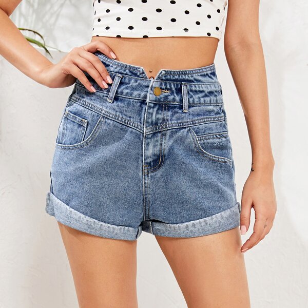

Notched Waist Roll Up Hem Denim Shorts, Blue