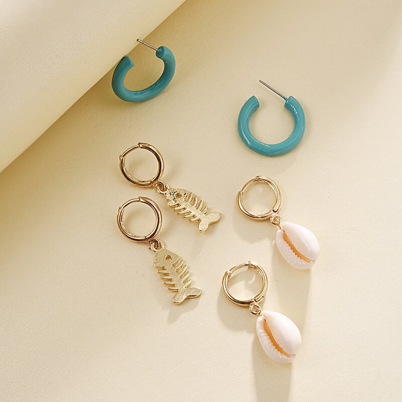 

3pairs Shell & Fishbone Earrings, Multicolor