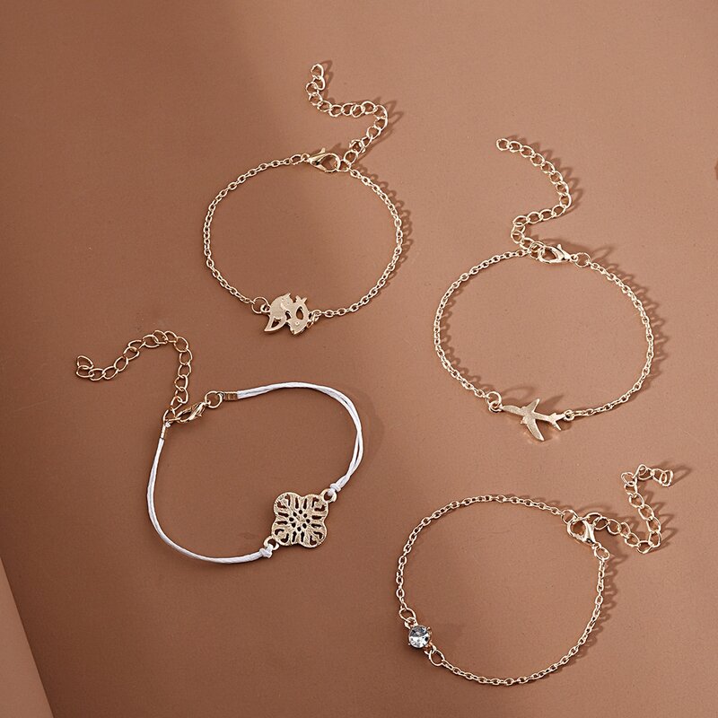 

4pcs Plane & Rhinestone Chain Bracelet, Multicolor