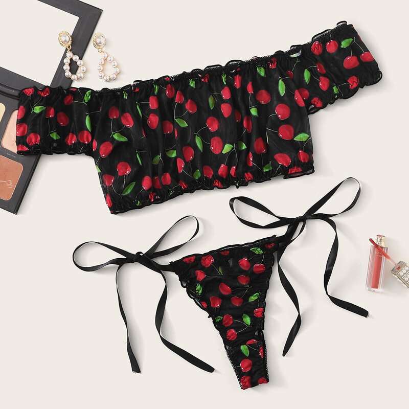 

Cherry Bardot Tie Side Lingerie Set, Black