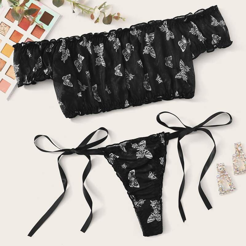 

Butterfly Bardot Tie Side Lingerie Set, Black