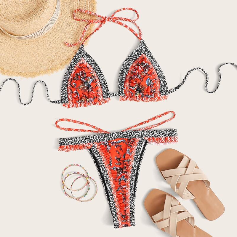 

Floral & Leopard Triangle Thong Bikini Swimsuit, Multicolor
