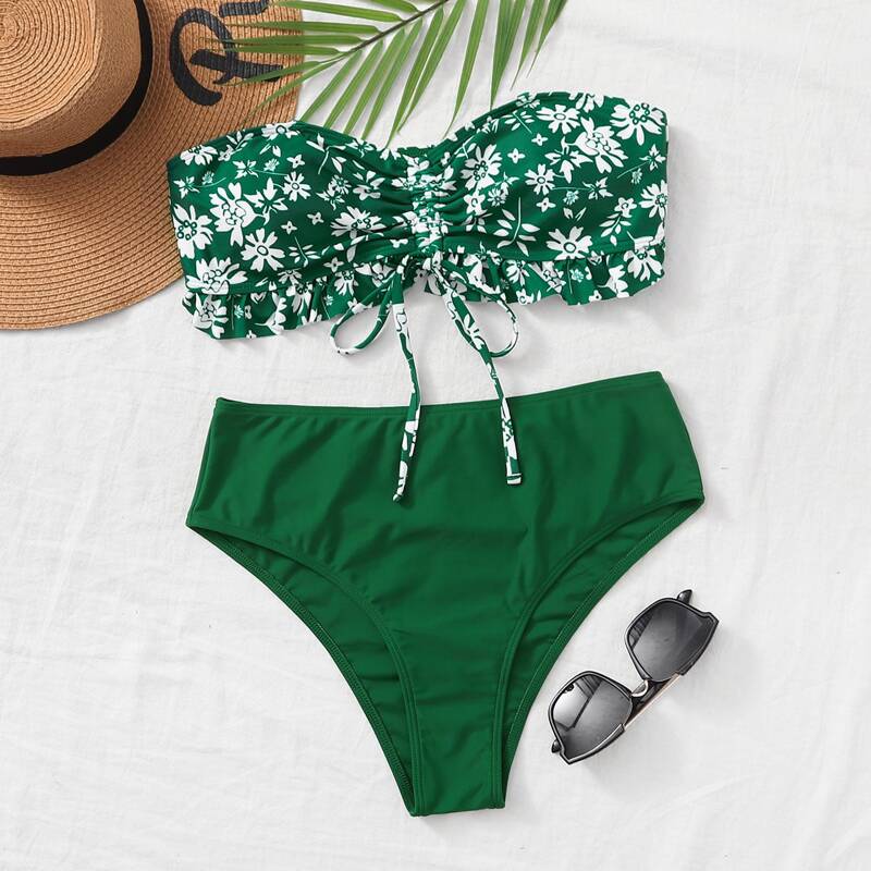 

Floral Drawstring Bandeau Bikini Swimsuit, Green