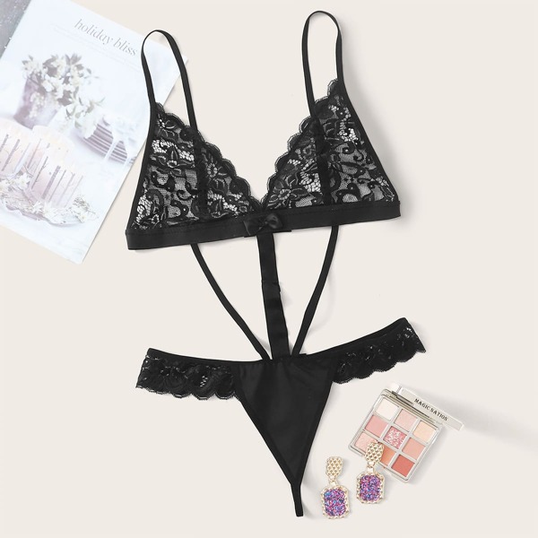 

Scallop Floral Lace Teddy Bodysuit, Black