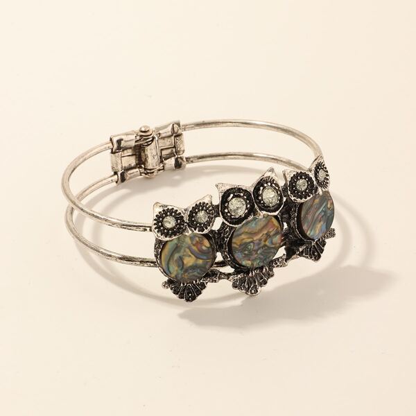 

1pc Owl Rhinestone Cuff Bracelet, Silver