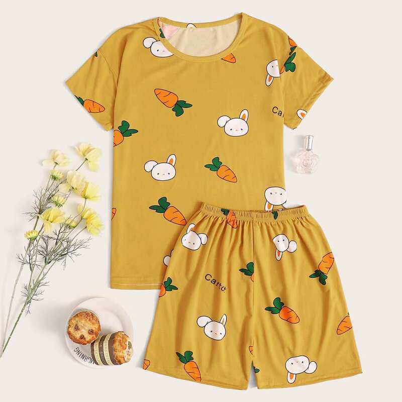 

Cartoon Pattern PJ Set, Yellow