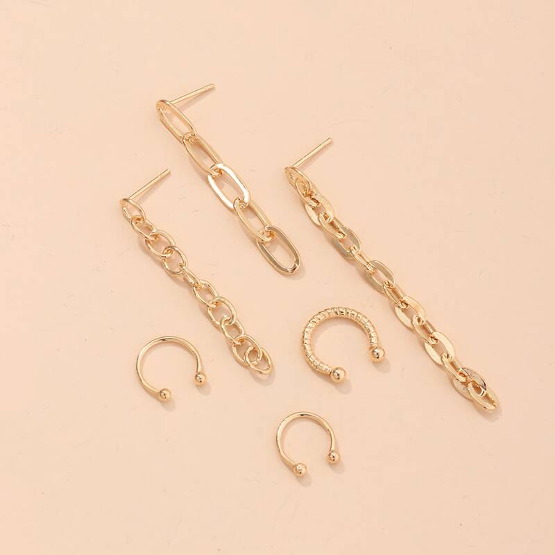 

3pcs Chain Drop Earrings & 3pcs Ear Cuff, Gold