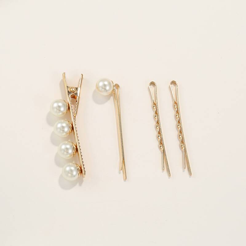 

4pcs Faux Pearl Beaded Hair Clip, Gold