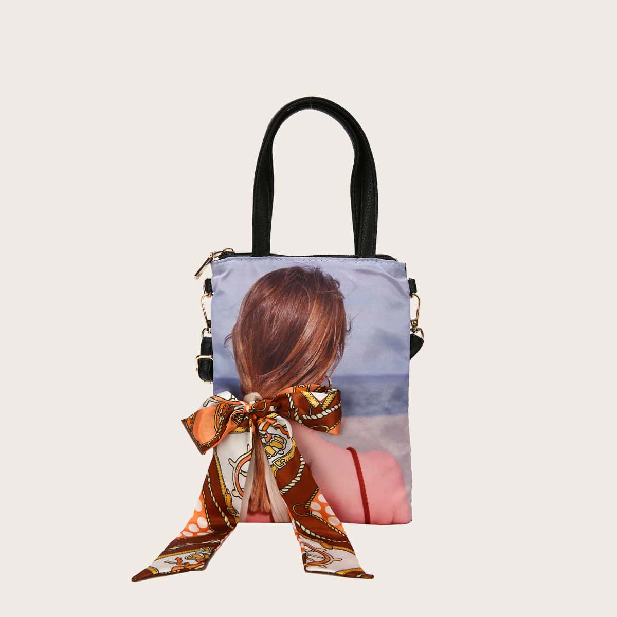 

Bow Decor Figure Graphic Satchel Bag, Multicolor