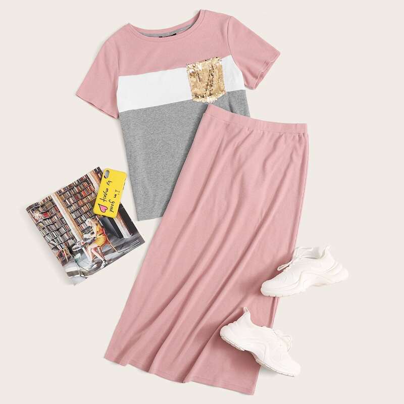 

Sequin Pocket Patched Colorblock Top & Skirt Set, Multicolor