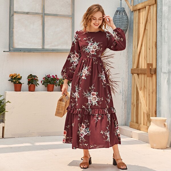 

Lantern Sleeve Ruffle Trim Floral Print Dress, Burgundy